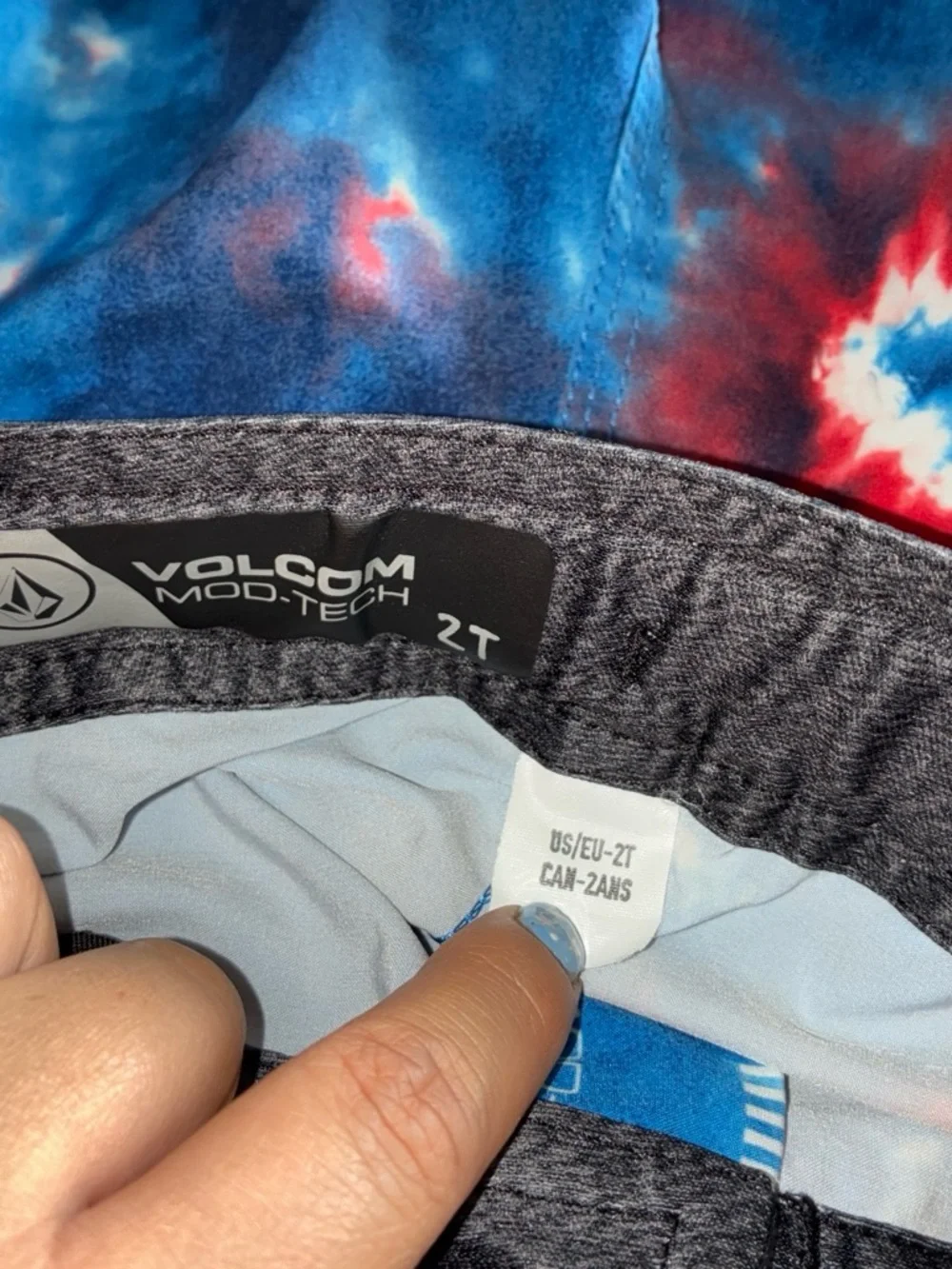 Toddler Tie-Dye Blue & Red Swim Trunks with Black Waistband